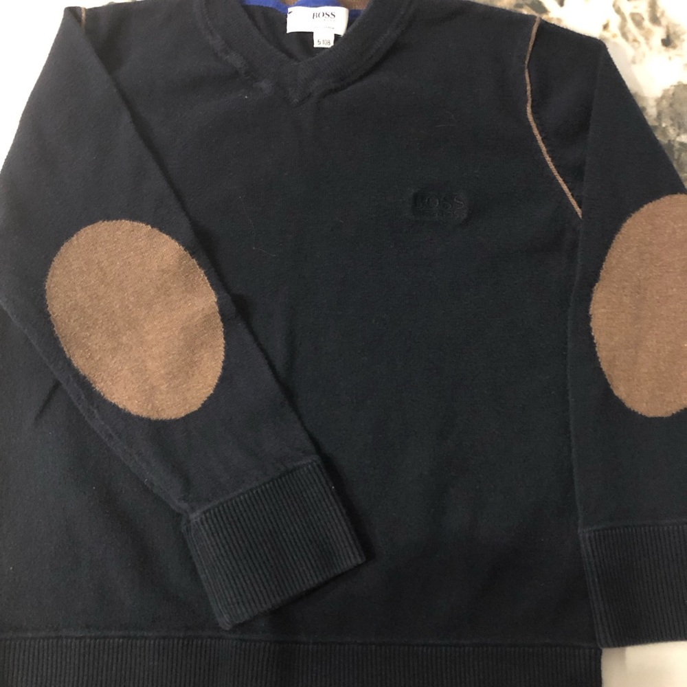 Hugo Boss Kids Dark Blue Crewneck with Brown Elbow Patches